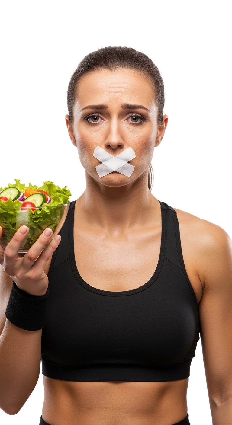 donna fitness con insalata in mano ed espressione molto triste e stanca, scotch a croce sulla bocca, sfondo bianco emoji