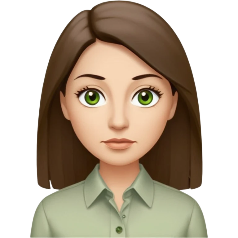43 year old Adult woman avatar, light skin tone, long, oval face, long straight ashy brown hair, green almond-shaped eyes with dramatic eyelashes and minimal eyeliner, neutral mouth, medium straight eyebrows, average nose, smooth skin,  seersucker collared button down shirt emoji