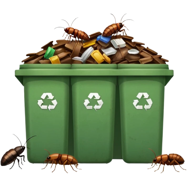 emoji-style icon of a small diner or café with overflowing garbage bins and cockroaches outside, dirty and gross, clear at small size, no text emoji