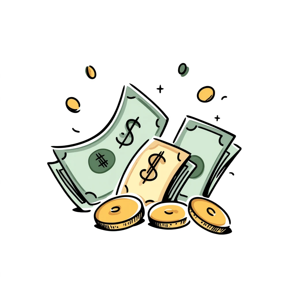 Money, cash, bills and coins in pastel colors (dd9fb0, ffc6d3, a3bfc9, c4bee2, f1b091), hand-drawn doodle style emoji