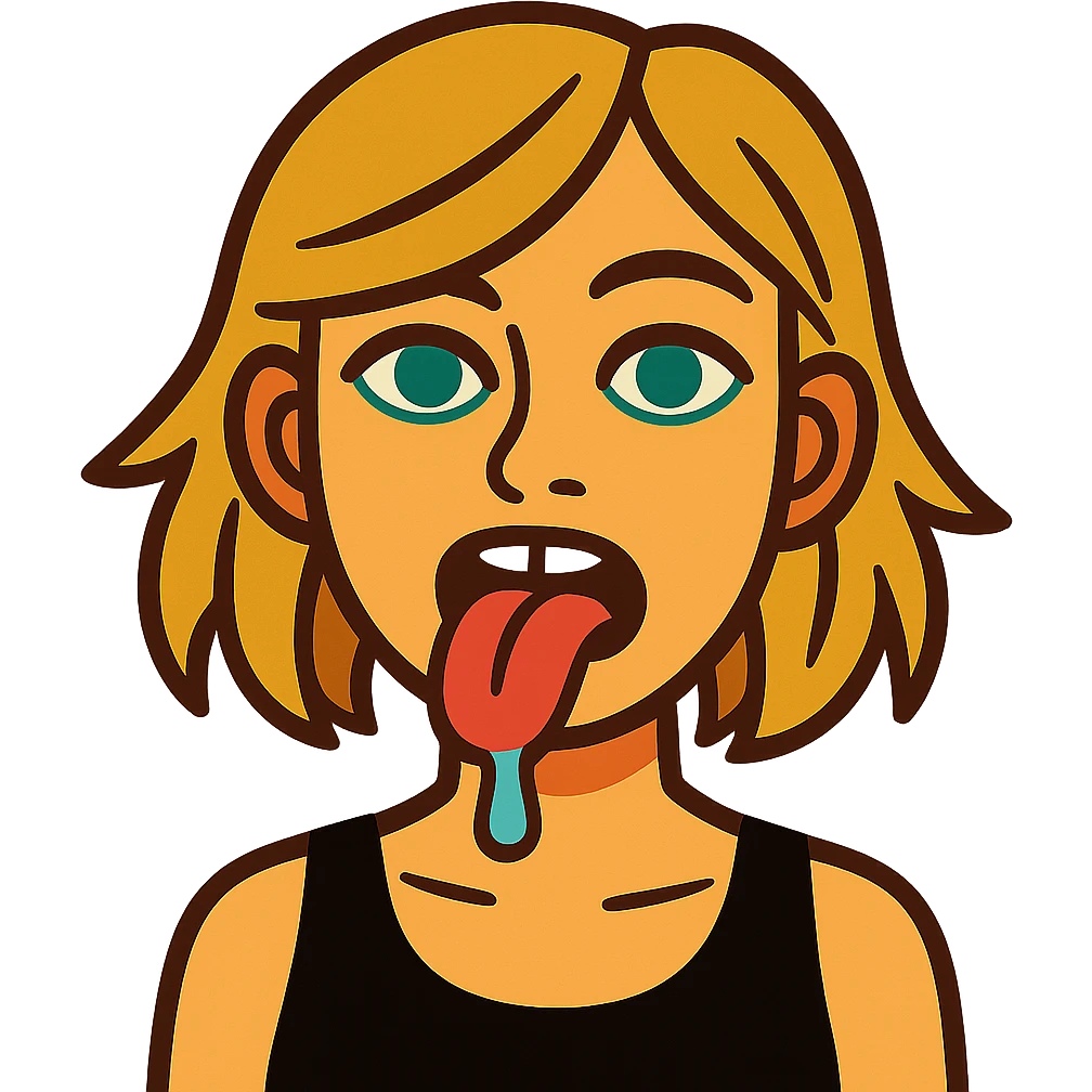 dirty blonde girl with blueish green eyes, black tank top, sticking tongue out and drooling emoji