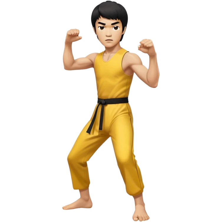 Bruce Lee in yellow jumpsuit, martial arts fighting stance, intense expression emoji