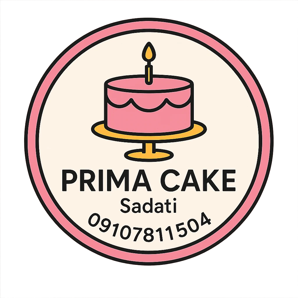 A circular logo for Prima Cake bakery with a pink cake at the center, featuring the text Prima Cake in English and the contact info Sadati 09107811504 below it. The logo should have a pink circular border and a white background, designed to be printable for cake decoration. The style should be elegant and suitable for a bakery emoji