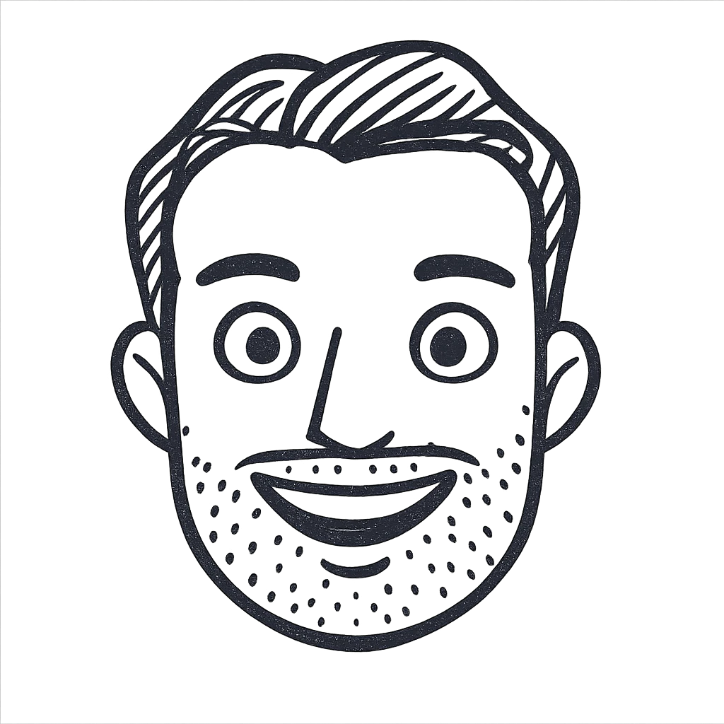 Make the beard less visible, just a hint of stubble, keep the style and background transparent in hand drawn icon style with no fill. emoji