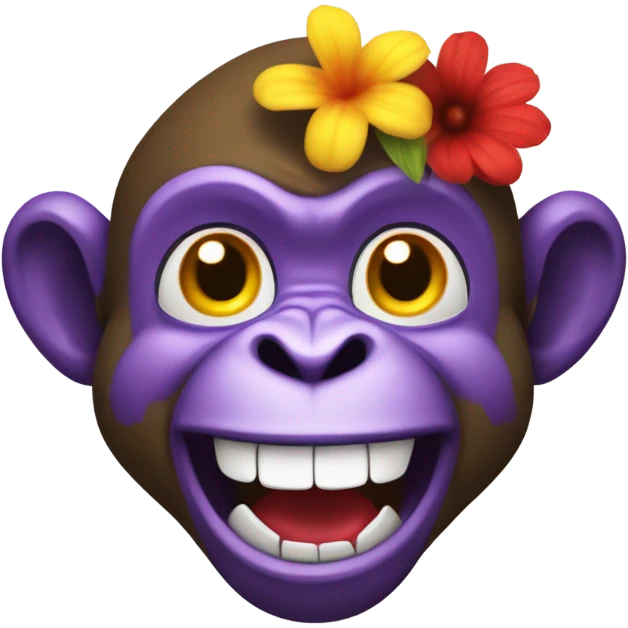 A monkey who grins and gets angry at a bouquet of flowers emoji