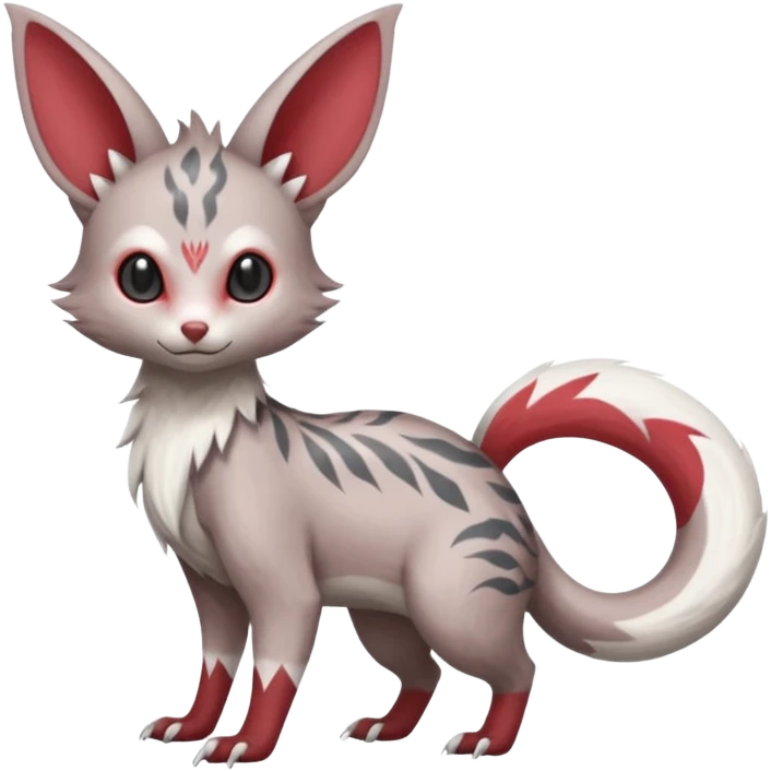Minccino-Lykoi-Emolga-Pachirisu-Zangoose-fusion-hybrid-animal-Fakémon-creature, full body, thin long sleek scaly tail, intricate markings emoji