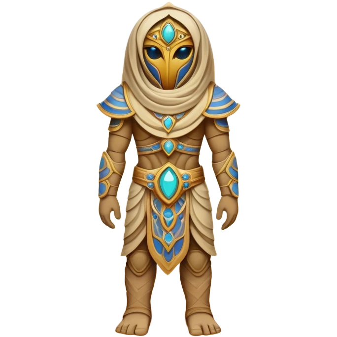 A guardian made of interlocking dunes that forms temporary bodies from compressed sand, adorned with gemstone eyes that change color to warn of approaching sandstorms or oasis locations. full body emoji