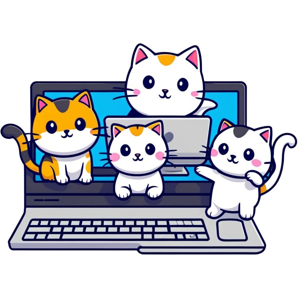 three cats at a computer, playful sticker style emoji