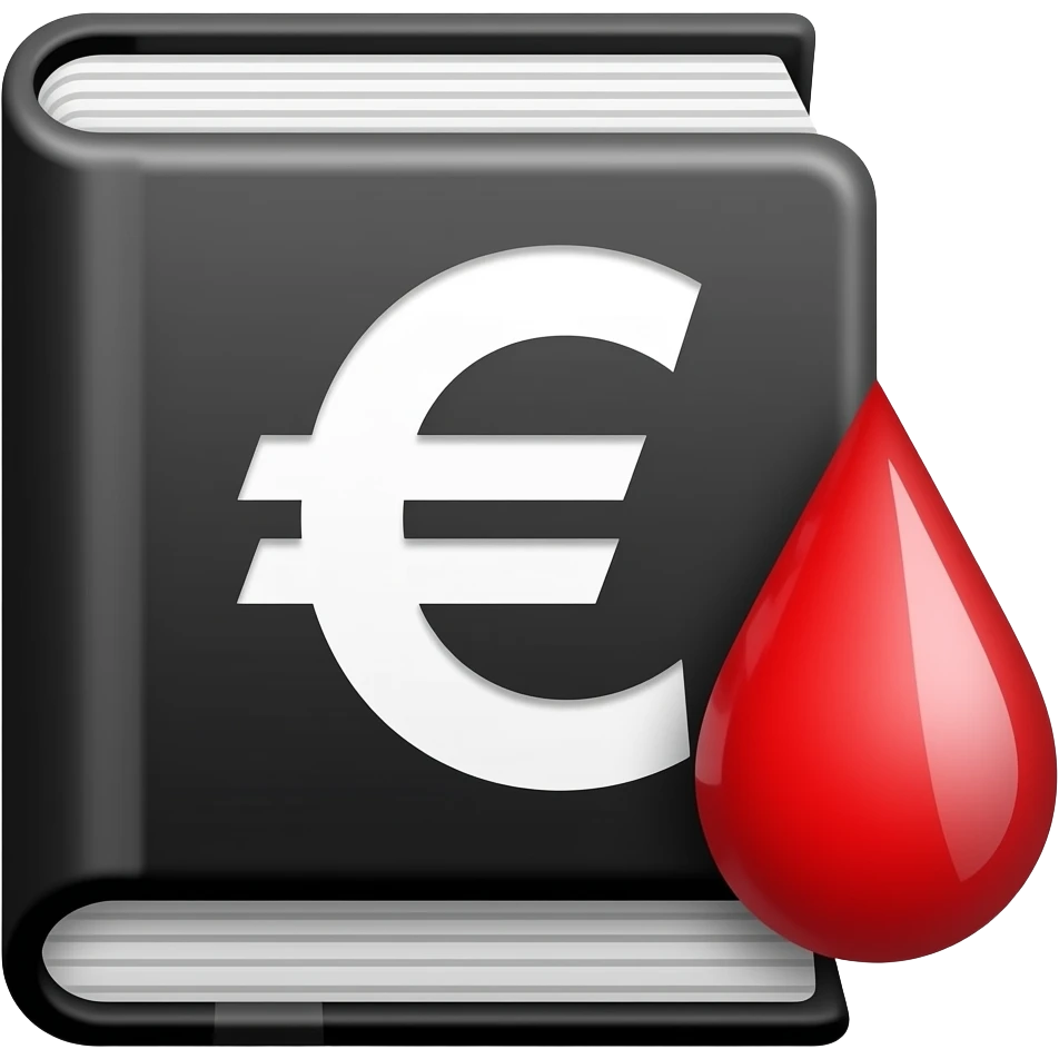 flat icon of a black book with a euro symbol and one red drop, simple geometric shapes, 2–3 colors only (black, white, red), thick outline, no details, no gradients, no background, centered, fills canvas, emoji style emoji
