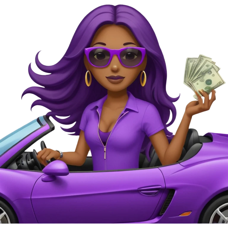 Black woman with long hair riding in a purple sports car with money falling emoji