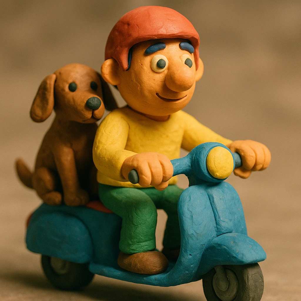 man and his pet dog riding a vespa emoji