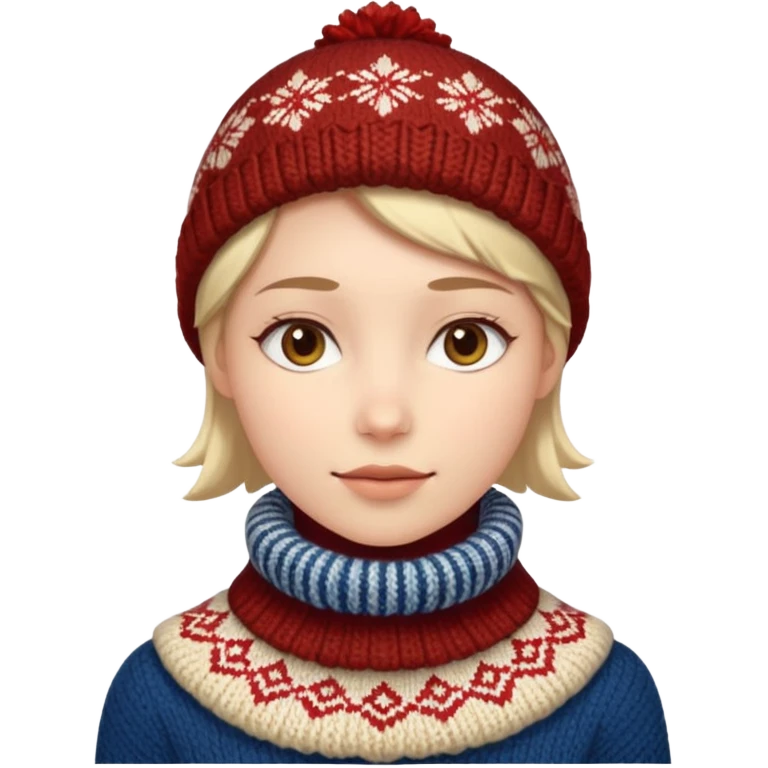 Fantasy human emoji portrait, knitted winter collar with simple pattern, festive but subtle look, warm colors, minimal fantasy style, clean emoji design, male/female variant
 emoji
