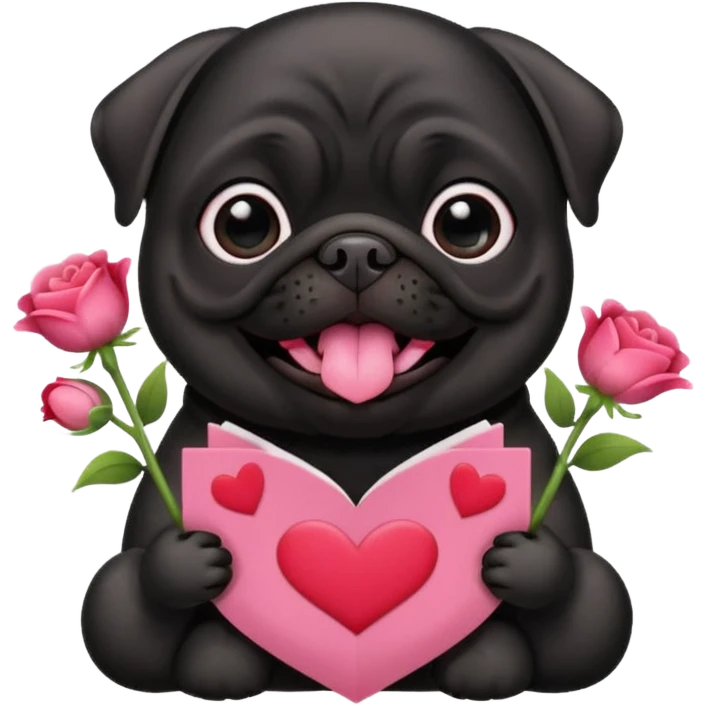 black pug holding valentine’s day card and flowers emoji