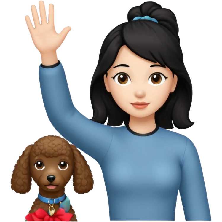 Ponytail black hair girl with brown Poodle say goodbye  emoji