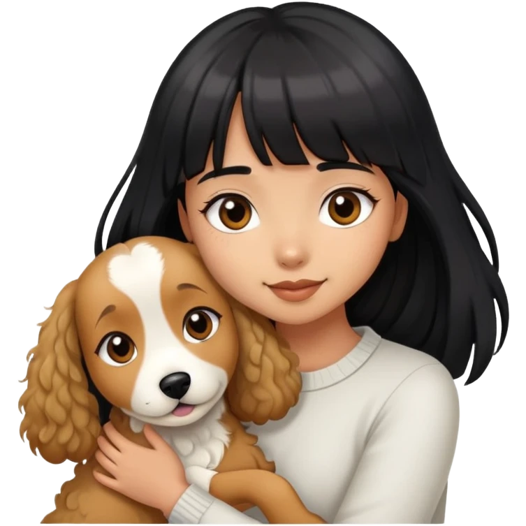 A beautiful girl with long straight black hair and bangs hugs a light-colored curly dog emoji