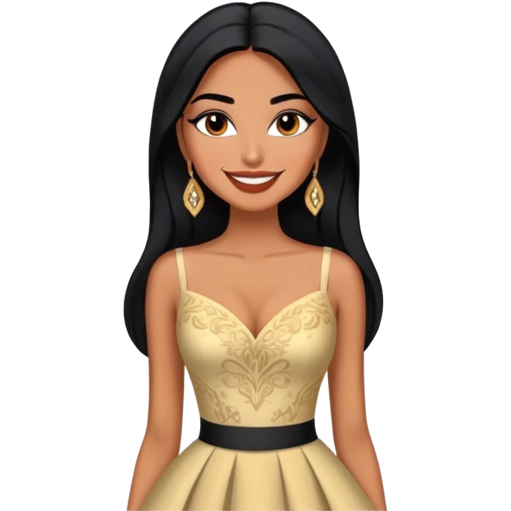 beautiful fit tall woman, with long straight black hair, with make up, black eye liner, smile mooth close, mexican, brown skin, wearing beautiful couture outfit, flirting emoji