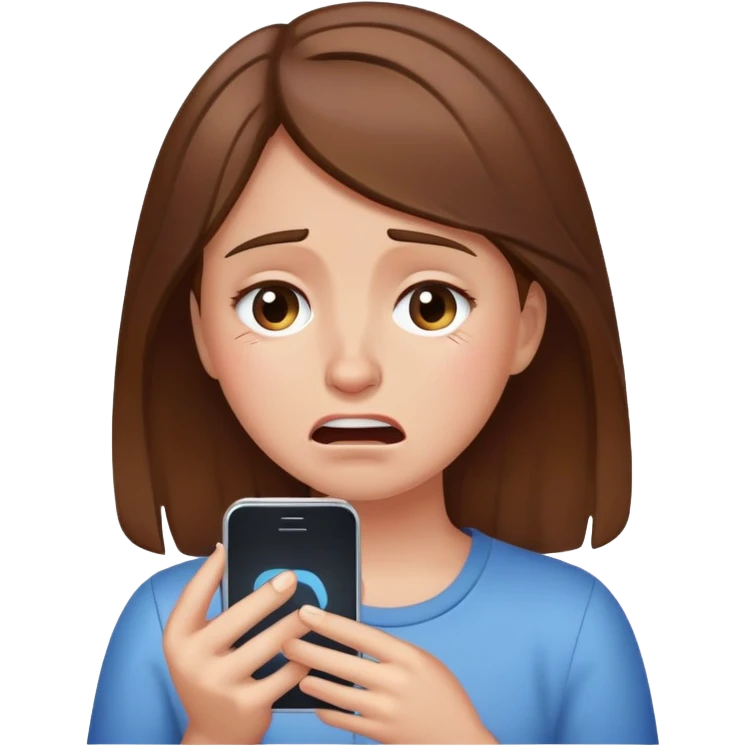 Girl with brown hair crying holding phone emoji