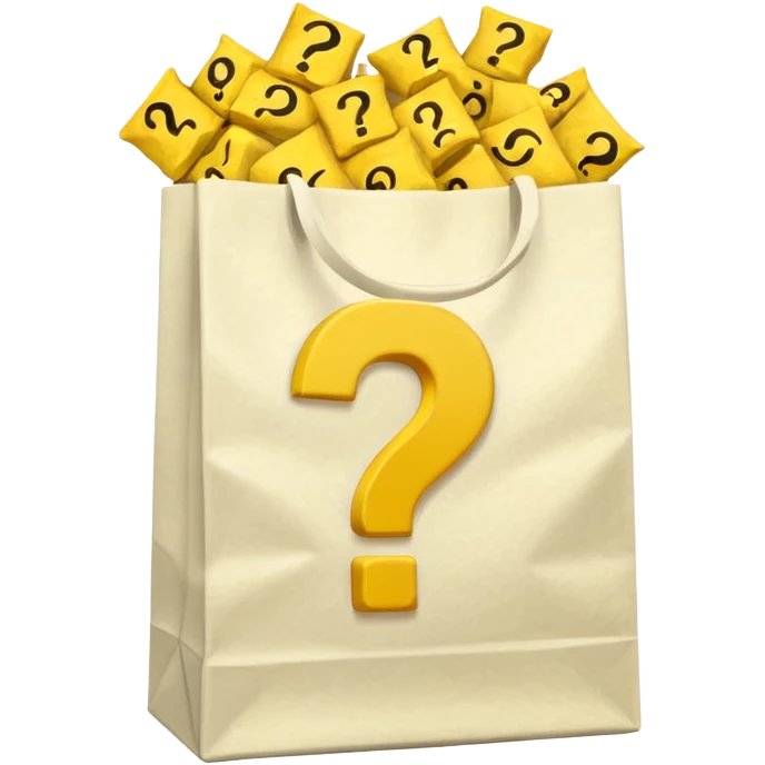 crumbled white goodie bag with yellow questions mark boxes stuffed in it emoji