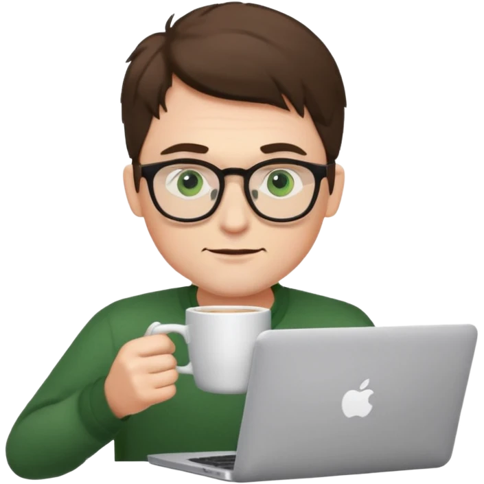 Man glasses green eyes coffee Mac book emoji