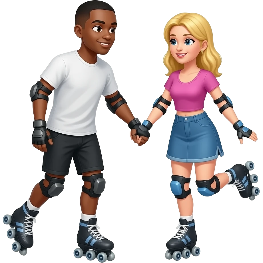 Black man with shaved head & blonde woman roller skating together emoji