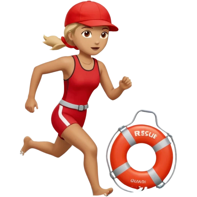 Female lifeguard – red cap, running along shore with rescue buoy emoji