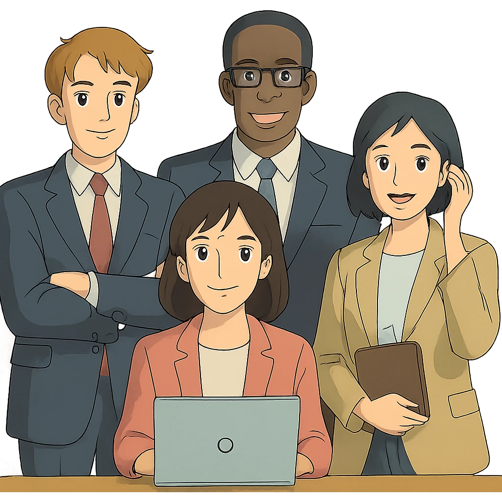 agency team, professional group, modern office, diverse people, clean background, ghibli style emoji