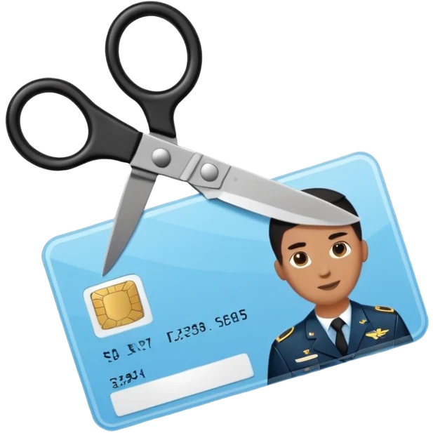 Floating black Scissors cutting a light blue military ID card in 2 parts .hyper realistic emoji