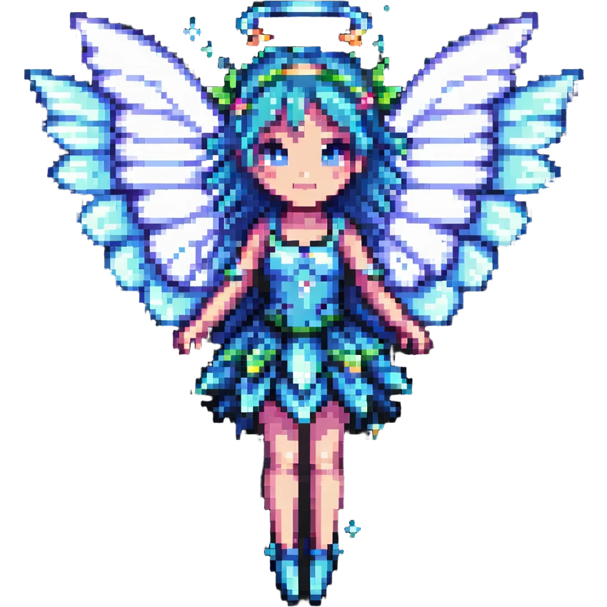 pixel art fairy with sparkling wings, floating emoji