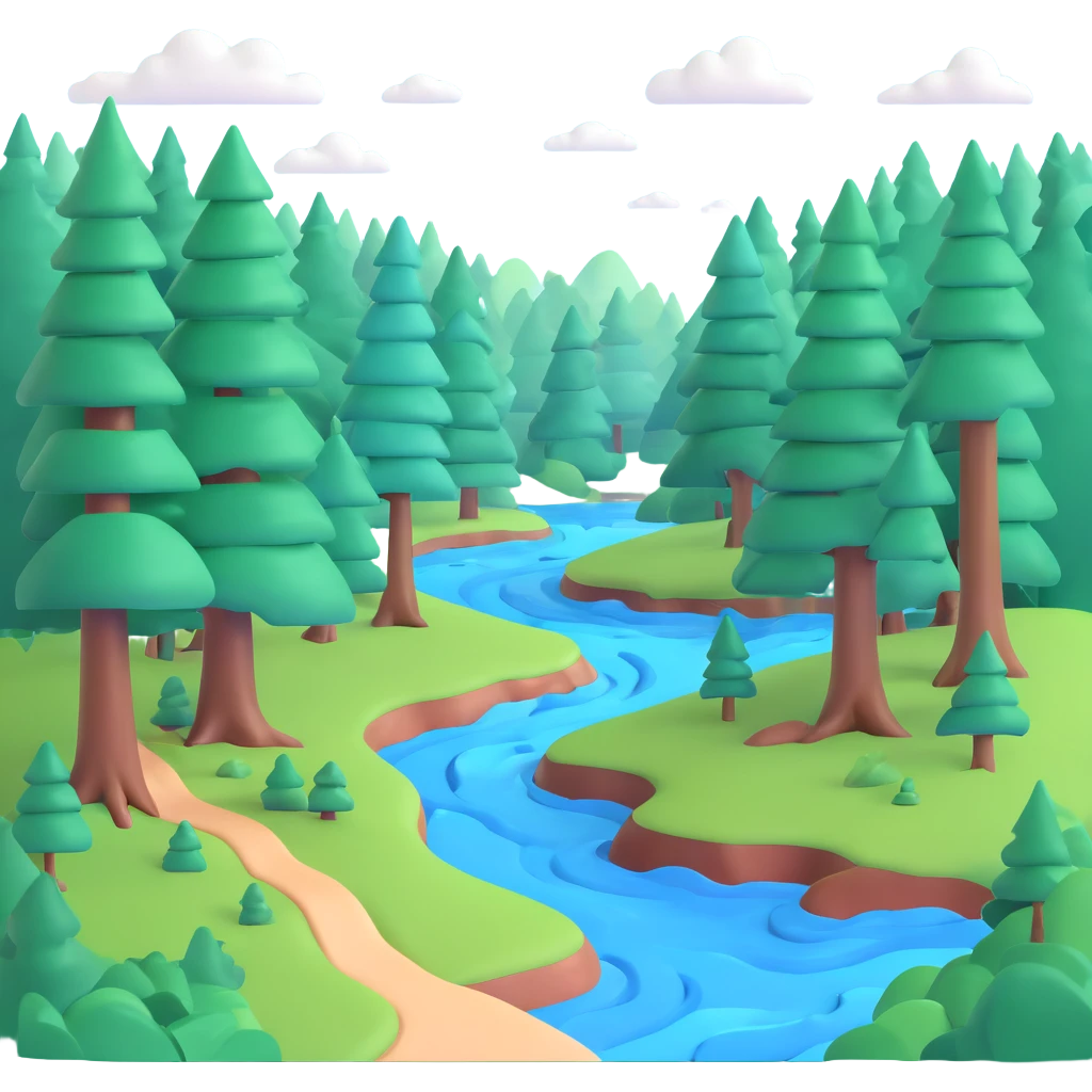 forest with a blue river flowing through trees emoji