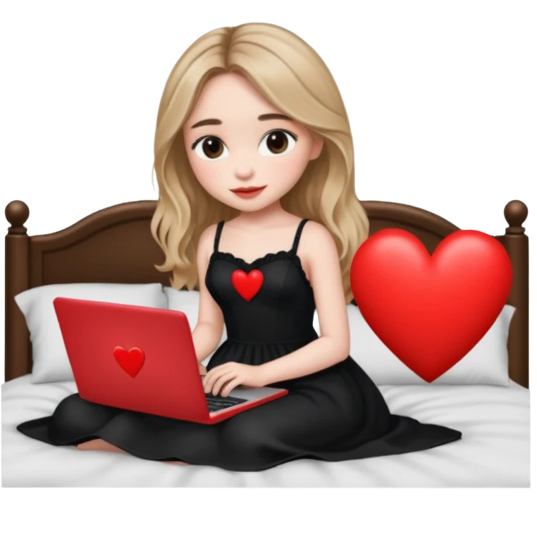 Sabrina carpenter in a black nightdress sitting on a bed with her laptop open and there is a heart on her laptop  emoji