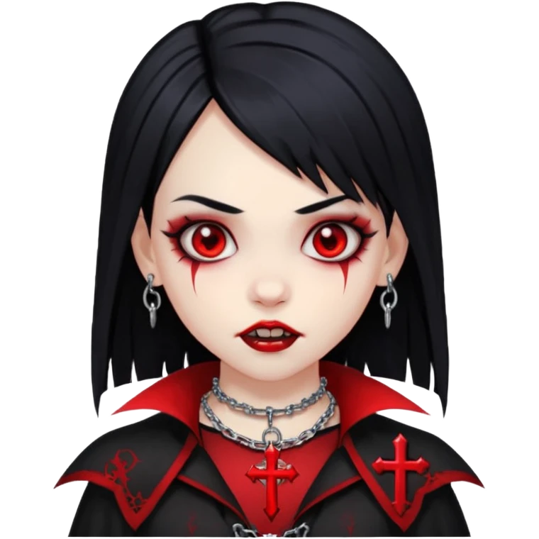 a girl with a very light skin,red eyes,fangs like vampire,black hair with red mesh,with goth clothes and a chain with a cross on it emoji