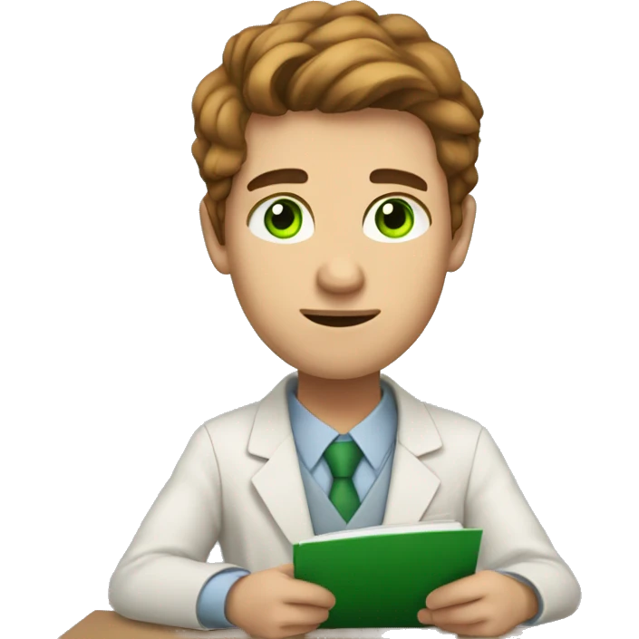light skinned man with green eyes and brown styled hair preparing for an exam emoji