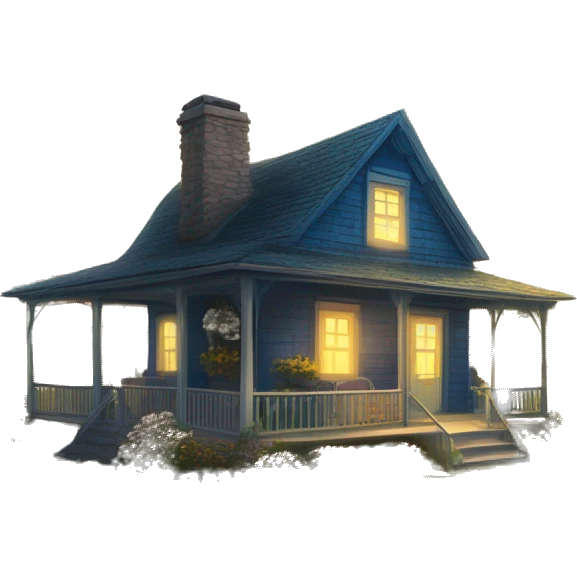  very very big Cabin near a big tree.  Thick moss growing on the roofs. grass fields. porch lights turned off. bright white interior lights turned on. guests sitting in chairs on the porch, flowers and bushes are yellow and blue. emoji
