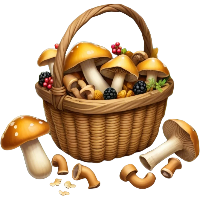 Icon for Mushroom and Berry Tourism: a basket filled with mushrooms chanterelles, boletus and aspen and berries, surrounded by forest elements like trees, leaves and a hiking boots. The icon should capture the joy of foraging in nature. Transparent background. emoji