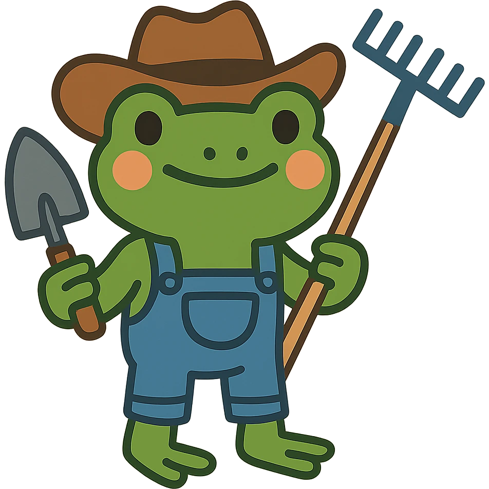 flat toon style frog in cowboy hat and denim overalls, holding gardening tools emoji