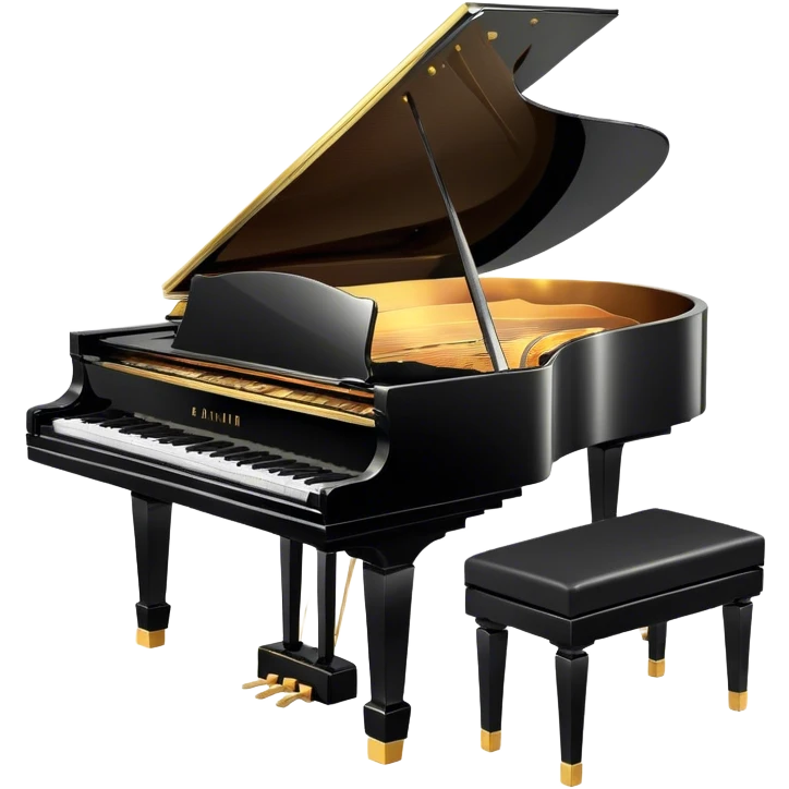 Cinematic Realistic Piano, glossy black grand piano with elegantly curved edges, pristine white and black keys, soft golden light reflecting off its polished surface, faint reflections of a musician’s hands, glowing with refined elegance and musical depth. emoji