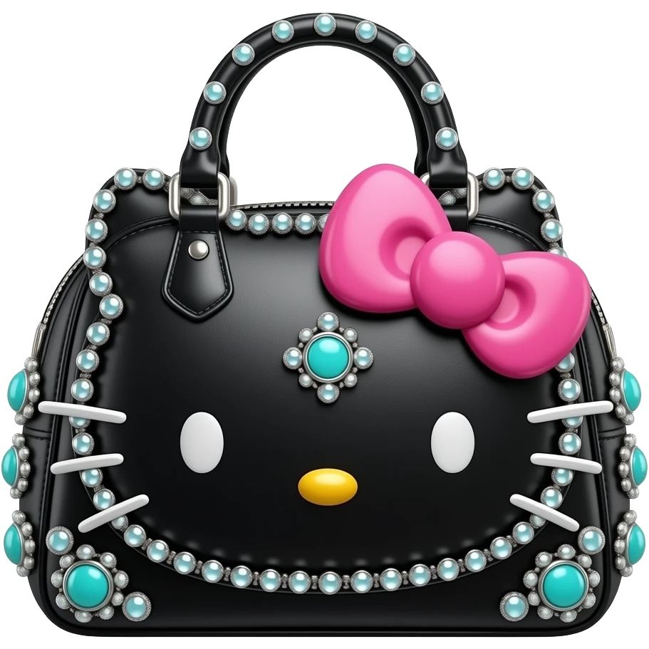 Ultra realistic Luxury dolce and Gabbana, hello kitty themed black bag black with vivid pink, bright turquoise, white and silver chrome details and embellishments, 8k. Isolated, 3d rendering, no emoji icons, no emoji faces no human figures, 600 dpi emoji