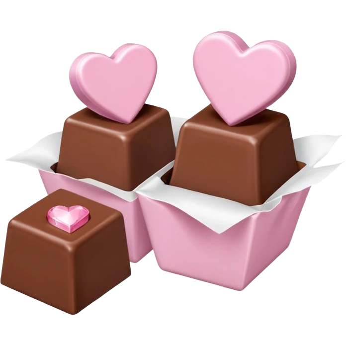 Two square milk chocolate Each of the two chocolates will have its own pralines only, Each praline is a sharp-edged cube with smooth glossy chocolate coating, placed in a small white fluted paper candy cup. On top of each cube is a flat pastel pink heart-shapedwith fine sugar crystal sparkle. emoji
