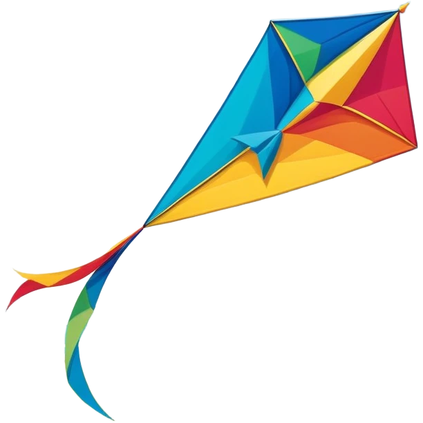 A colorful kite soaring high in the sky on a sunny day, with a long, flowing tail trailing behind. The background features an open field or beach, capturing the joy and freedom of flying kites, with gentle winds and a peaceful atmosphere. emoji
