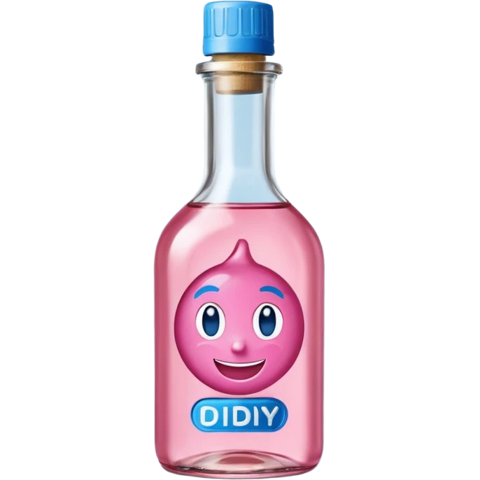 Smiling bottle of oil blue top pink outside with logo that says Diddy oil emoji