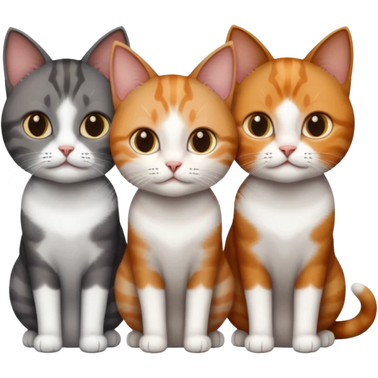 3 different coloured tiny short haired cats, including a dark brown tabby and white cat, and a dark grey and white and a ginger and white emoji