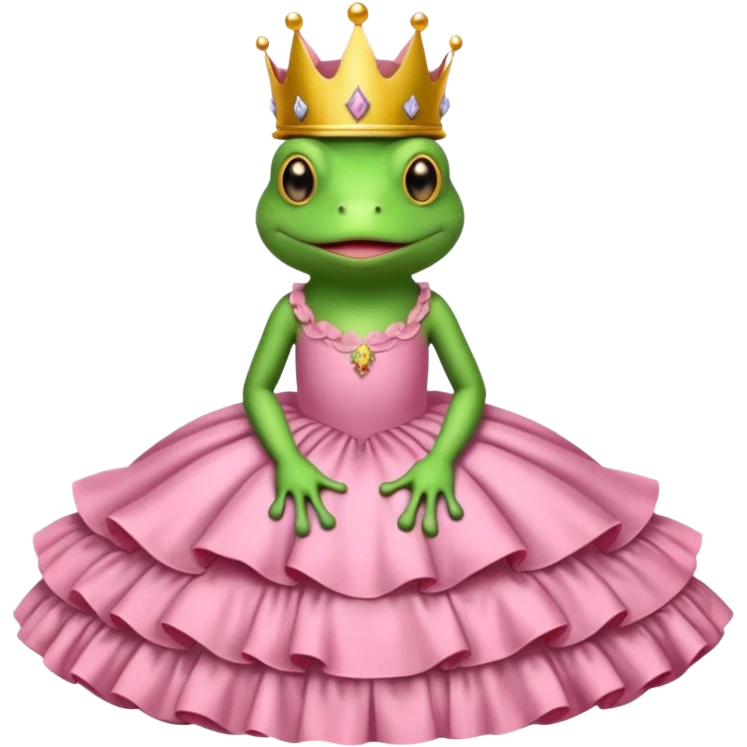 Brown bed with white sheets and a pink comforter.  In the bed sits a frog in a frilly little pink dress, wearing a crown and sitting like a frog would normally sit. emoji