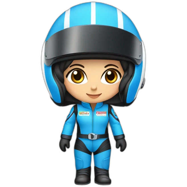 Piloto mulher morena de kart macacão da cor azul e preto e capacete branco e azul emoji