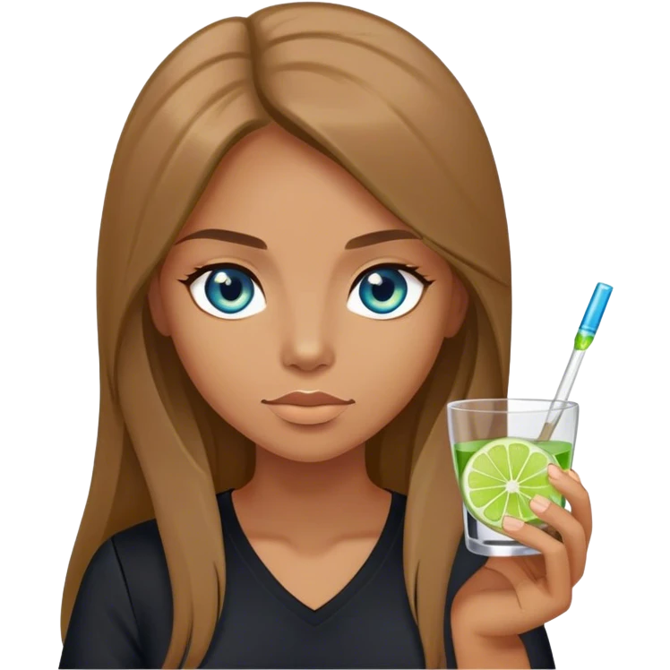 tan woman, black shirt, long light brown straight hair, grey blue eyes, holding a shot with lime emoji