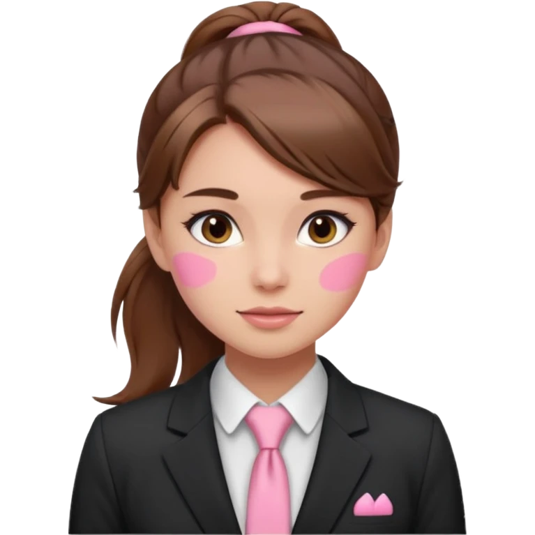 girl with brown hair in a ponytail in the middle with pink blush on her face and a suit emoji