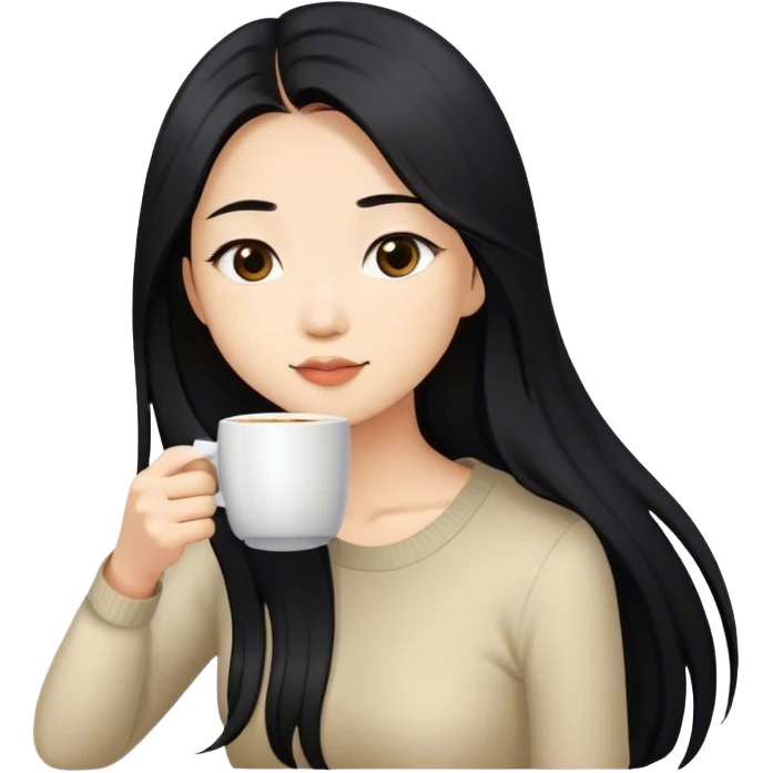 asian girl with black long hair drinking coffee emoji