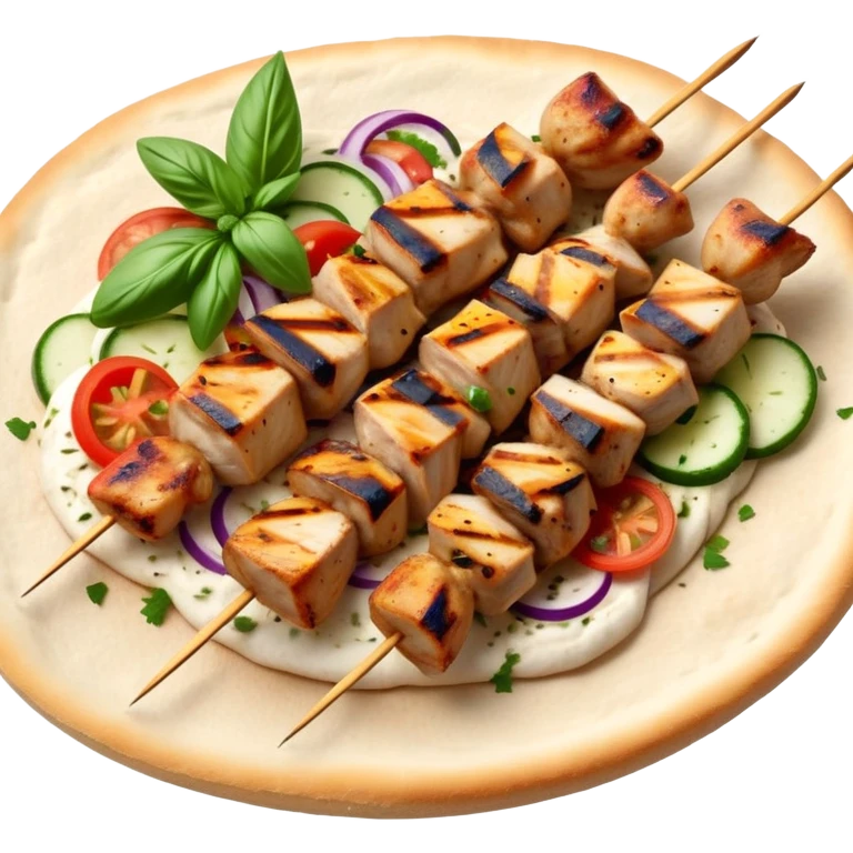 cinematic-realistic-souvlaki-dish-emoji,-showcasing-skewered,-grilled-chicken-with-mediterranean-spices-rendered-with-dynamic-textures-and-warm,-appetizing-lighting on pita bread emoji