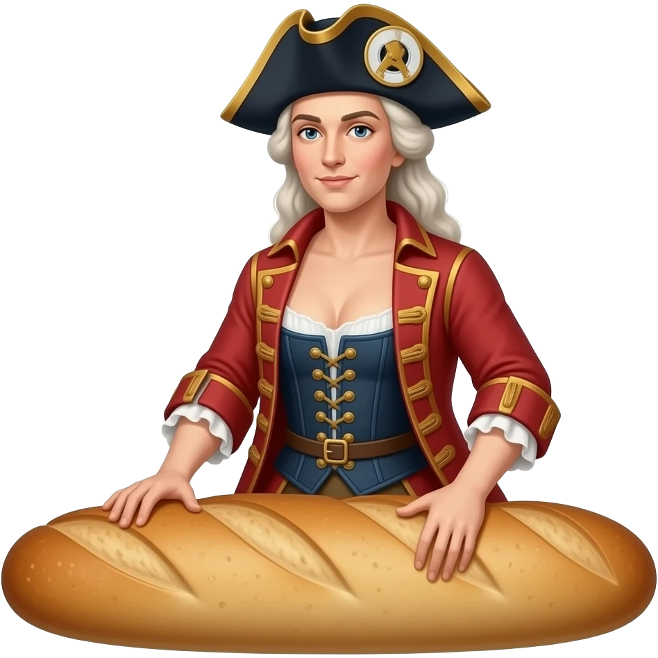 wild historical French Mariana in a tight corset with a large open neckline, with a rebel Jacobin cap riding a narrow French bread emoji