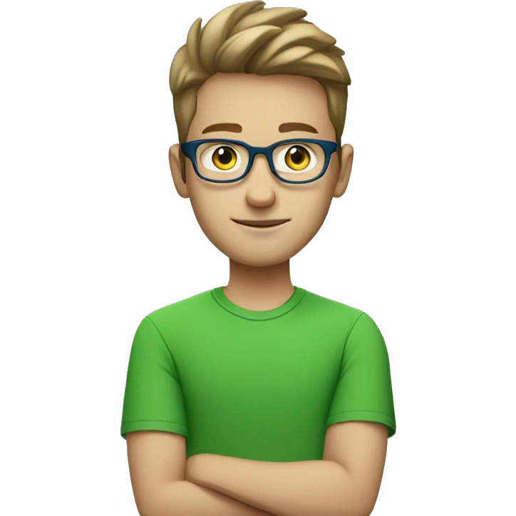 white young man with square glasses and blue eye wearing green t-shirt using laptop  emoji