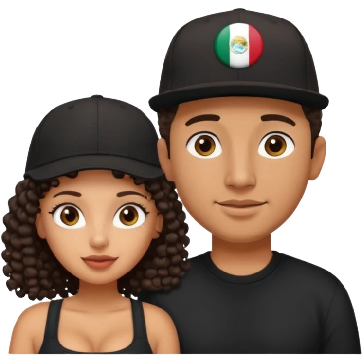 A picture of a cute tanned couple. the man is Mexican, with a bald hair cut wearing a SnapBack hat and a black shirt. the woman is mixed, she has curly longer dark brown hair, wearing no hat, and with big boobs  emoji